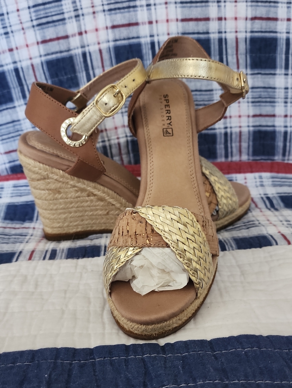 Sperry Metallic Gold and Tan Espadrille Wedge Sandals